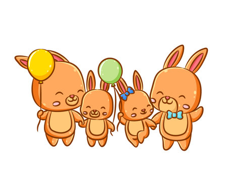 The illustration of the happy family of the orange rabbits and their parents is holding the balloons in their handsのイラスト素材