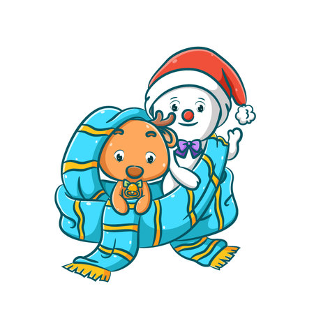 The illustration of the dear with the bell and Mr. snowman is hiding in the blue shawl for the Christmasのイラスト素材