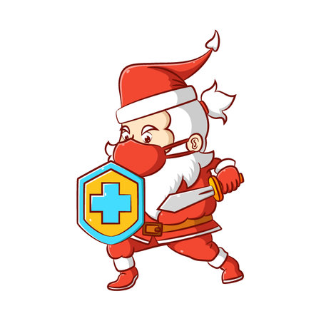 The illustration of the Santa clause in holding the shield and the sword to protect the body from the virusのイラスト素材