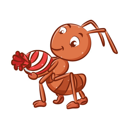 The illustration of the big ant with the red color is holding the big marbles candy in his handsのイラスト素材