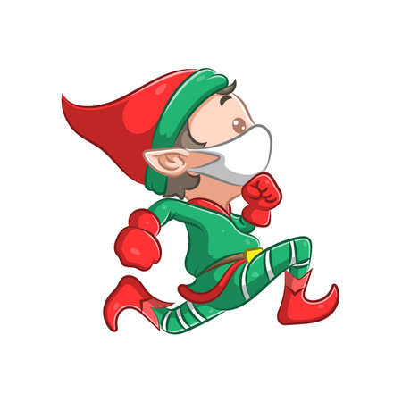 The illustration of the little elf boy with the red Christmas hat is runningのイラスト素材
