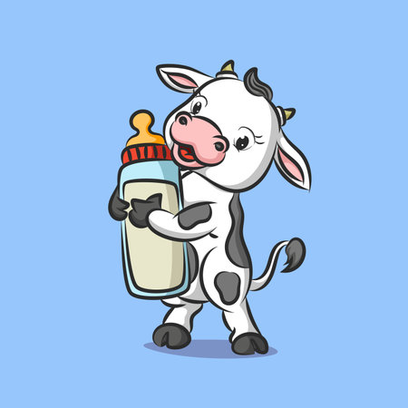 The baby cow is standing and holding the baby pacifier full of milk of illustrationのイラスト素材