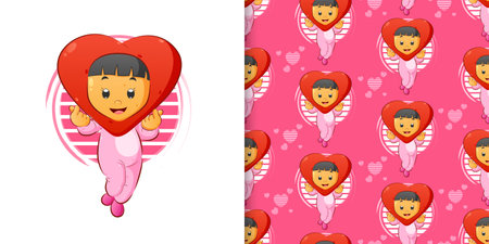 Seamless hand draw of girl in the love costume for the valentine day of illustrationのイラスト素材