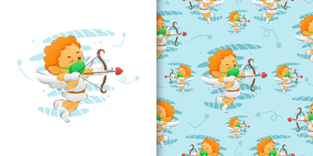 The little cupid using a mask and holding the bow in pattern set of illustrationのイラスト素材