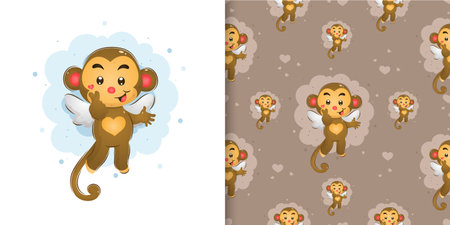 The fairy monkey with the little wings giving the love sign in the pattern set of illustrationのイラスト素材