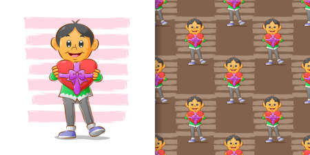 The boy with the cute face is holding a gift with the love shape of illustrationのイラスト素材