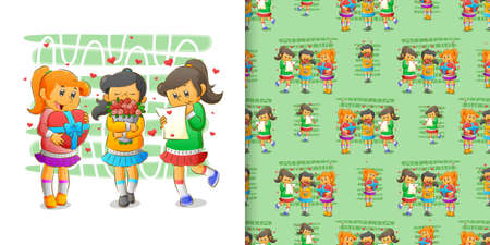 The three girls holding the gift from their boyfriends with the different variation of illustrationの写真素材