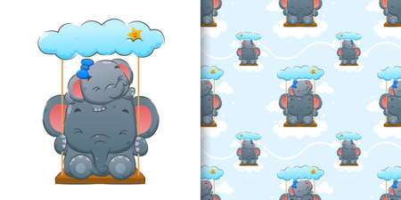 The illustration of the elephant playing the swing with the cloud above themのイラスト素材