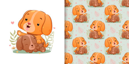 The seamless of the two puppy playing together in the yard with the happy face of illustrationのイラスト素材
