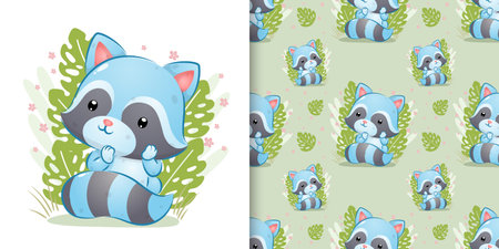 The seamless pattern of the cute raccoon hidden in the tall grass of illustrationのイラスト素材