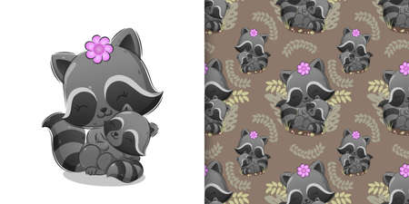 The pattern of kind raccoon is sitting on grass while carrying a baby of illustrationのイラスト素材