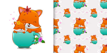 The hand drawn of the cutes fox is sitting on the tea cups in the pattern set of illustrationのイラスト素材