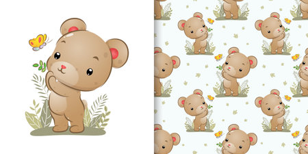 The seamless pattern set of little bear catching the beautiful butterfly in the garden of illustrationのイラスト素材