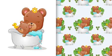 The seamless of the two bear are taking a bath in the bathtub with rubber duck of illustrationのイラスト素材