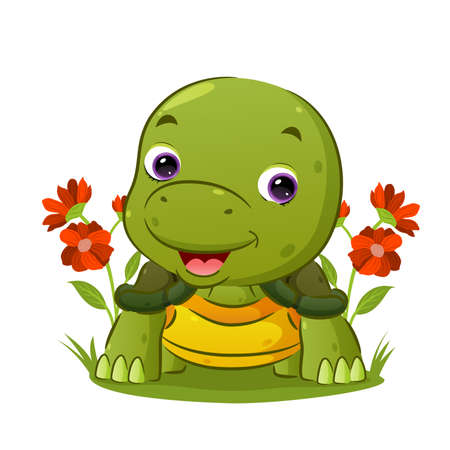 The little turtle is crawling and giving a happy face in the garden of illustrationのイラスト素材