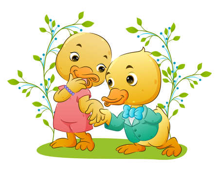 The happy cute duck couple are kneeling and using the good suit and dress in the park of illustrationのイラスト素材