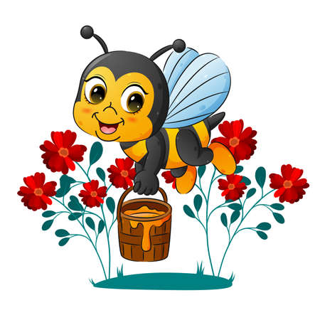 The cute bee is holding a pail of honey in the garden of the illustrationのイラスト素材