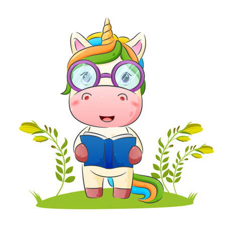 The smart unicorn is using a glasses and holding a book of the illustrationのイラスト素材