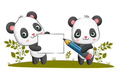 The couple of smart panda is holding a pencil while holding a big blank banner in the park of the illustrationのイラスト素材