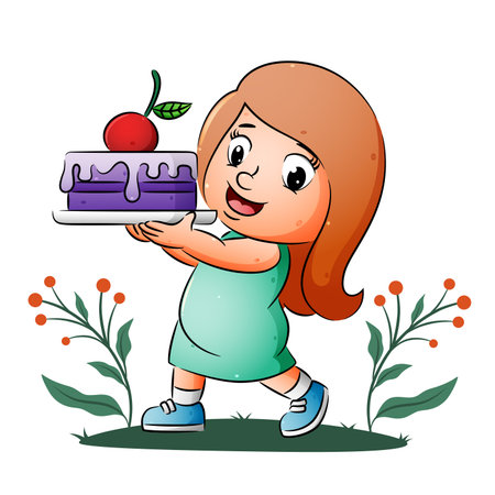 The girl is holding and showing the cake with the cream and a big cherry of illustrationのイラスト素材