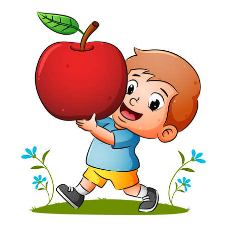 The boy is holding the red ripe apple with the happy expression of illustrationのイラスト素材