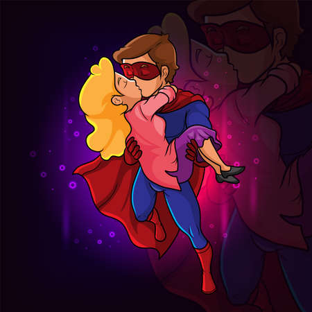 The superhero hold the girl and kissing of illustrationのイラスト素材