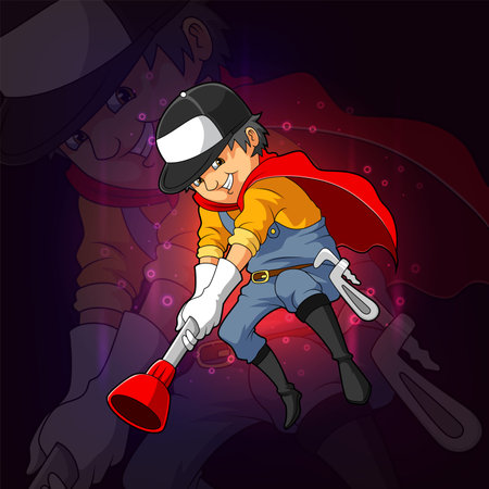 The super plumber holding the big plunger esport mascot design of illustrationのイラスト素材
