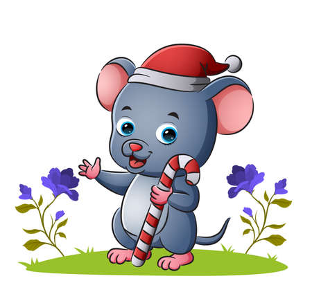 The mouse with santa hat is holding the candy stick of illustrationのイラスト素材