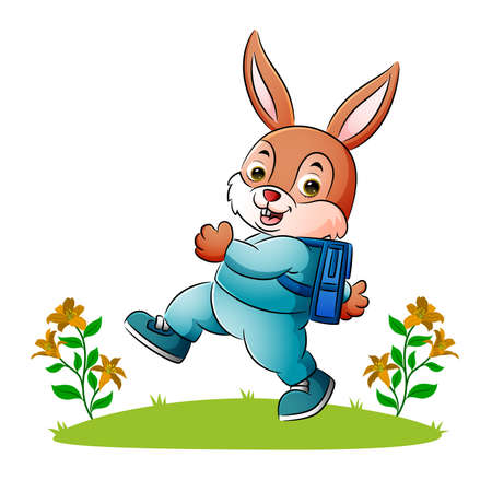 The happy rabbit is going to school with the happy face of illustrationのイラスト素材