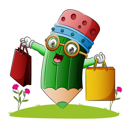 The happy pencil is holding a shopping bag of illustrationのイラスト素材