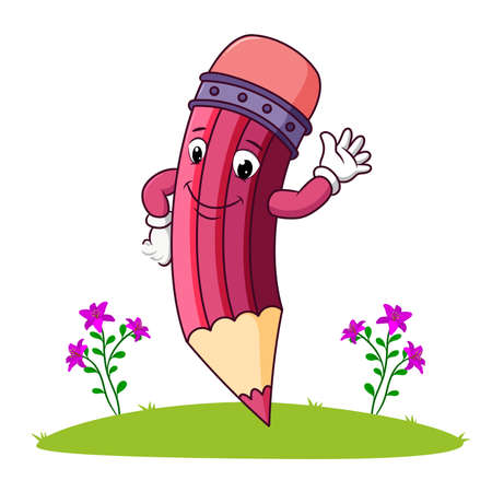 The cute pencil is waving the hand of illustrationのイラスト素材