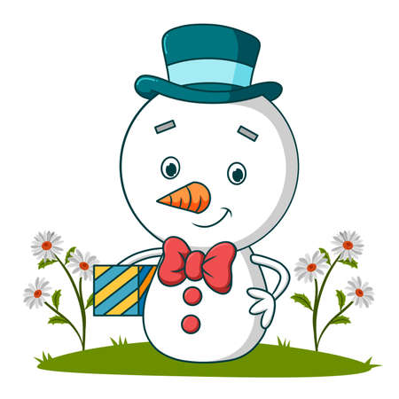 The cute snowman is holding a gift box of illustrationのイラスト素材