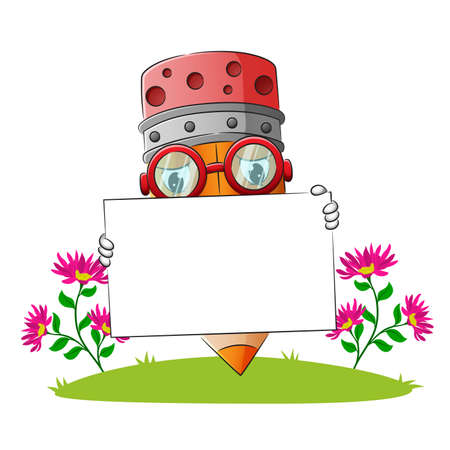 The shy pencil is holding a blank board of illustrationのイラスト素材