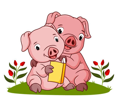 The two pigs are reading a book of illustrationのイラスト素材