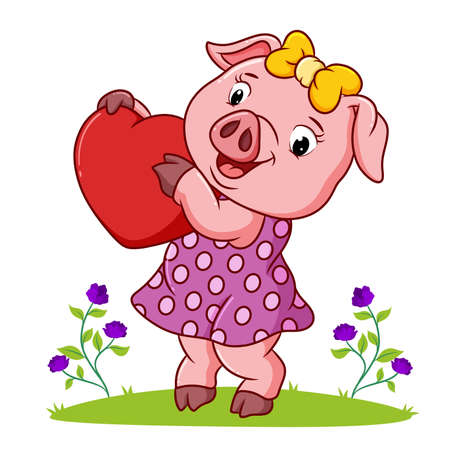The pretty pig is holding the heart of illustrationのイラスト素材