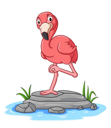 The pretty flamingo is standing with the one leg on the pond of illustrationのイラスト素材