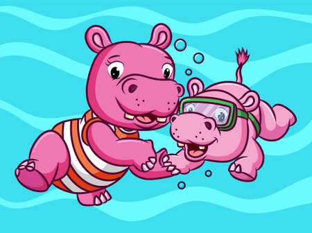 The couple hippopotamus are swimming together under the water of illustrationのイラスト素材