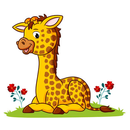 The giraffe is sitting in the park full of flowers of illustrationのイラスト素材