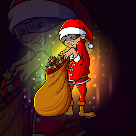 The robber santa claus is stealing gifts esport logo design of illustrationのイラスト素材
