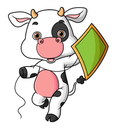 The little cow is playing kite in the field of illustrationのイラスト素材