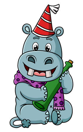 The cute hippopotamus is holding the beer bottle of illustrationのイラスト素材