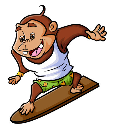The happy chimpanzee is playing the surfing in the big wave of illustrationのイラスト素材