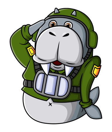 The strong army walrus is wearing the uniform and giving the respectful of illustrationのイラスト素材