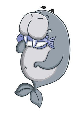 The cute walrus is laying down and biting for eat the fresh fish of illustrationのイラスト素材