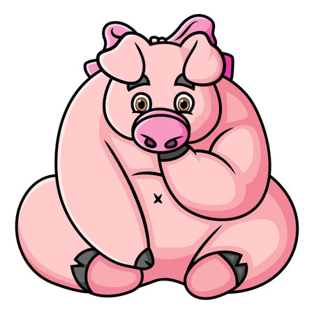 The good pig is sitting and feeling so worry while wearing ribbon of illustrationのイラスト素材