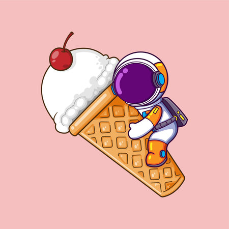 The astronaut is hugging a big ice cream with topping cherry on the top of it of illustrationのイラスト素材