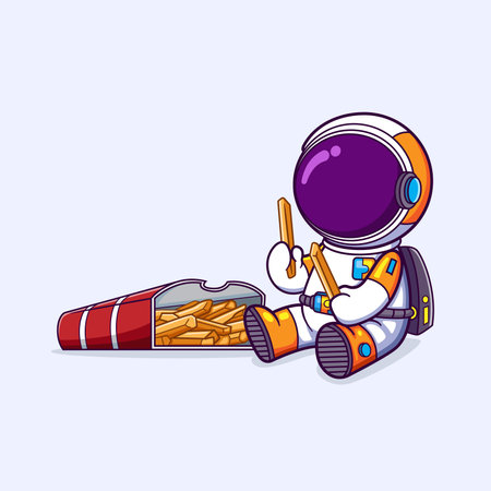 The astronaut is enjoying the day by eating french fries while sitting of illustrationのイラスト素材