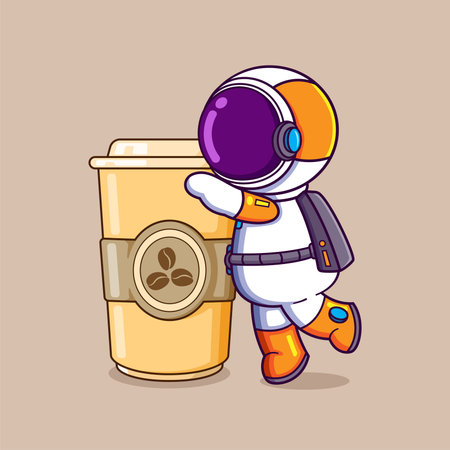 The thirsty astronaut is having a big cup of coffee and ready to drink it of illustrationのイラスト素材