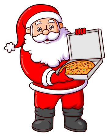 The santa claus is very happy and showing one regular pizza that he buy of illustrationのイラスト素材