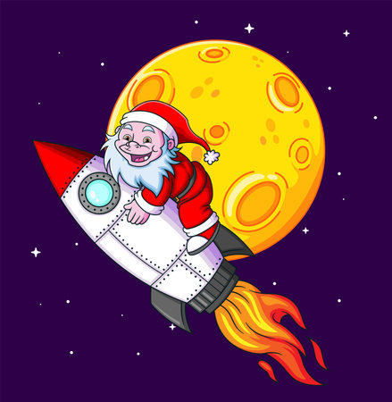 The yeti with the santa claus costume is flying until the moon with the turbo rocket of illustrationのイラスト素材